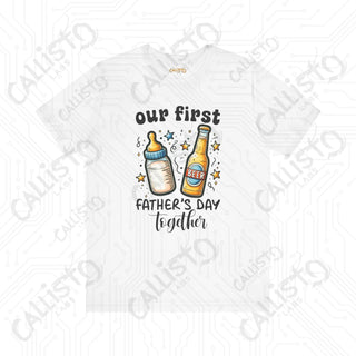 Men’s ’Our First Father’s Day Together’ Shirt: Celebratory Tee with Beer and Baby Bottle Graphic - Perfect Gift