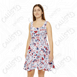 Women’s July 4th American Skater Dress - USA Patriotic Independence Day Dress with Fireworks Design - XS - All Over