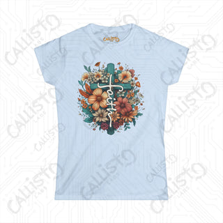 Empowering Women’s ’Faith’ Softstyle Tee with Floral Design and Cross - Inspirational Apparel for Her - Light