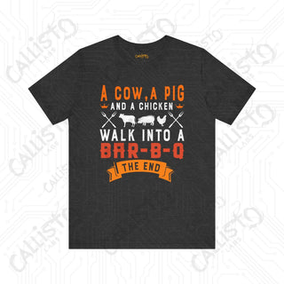 Men’s ’A Cow a Pig and a Chicken Walk into a BBQ’ Dad Joke Shirt: Hilarious BBQ Humor Tee for Dads and Grill