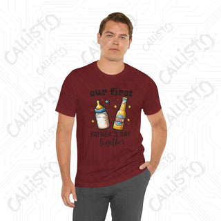 Men’s ’Our First Father’s Day Together’ Shirt: Celebratory Tee with Beer and Baby Bottle Graphic - Perfect Gift