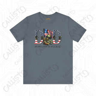 Mens ’DAD #MAN #MYTH #Legend’ Graphic Shirt: Patriotic Flag Lettering & Combat Boots Design - Unique Father’s Day