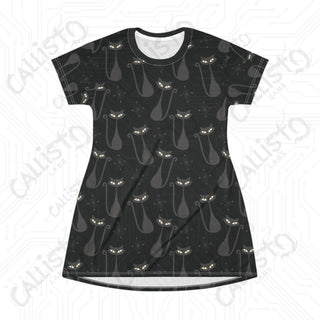 Women’s Gothic T-Shirt Dress - Black Cat Design: Dark and Stylish Apparel for Alternative Fashion Enthusiasts