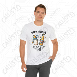 Men’s ’Our First Father’s Day Together’ Shirt: Celebratory Tee with Beer and Baby Bottle Graphic - Perfect Gift