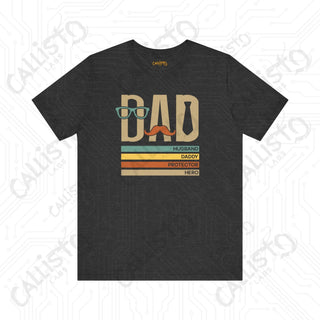 Men’s Graphic Shirt ’DAD: Husband Daddy Protector Hero’ with Mustache and Glasses Design Stylish Tee for Fathers