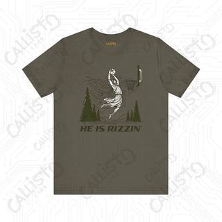 Men’s Funny ’He is Rizzin’’ Basketball Jesus Dunk Tee: Humorous Sports Shirt for Basketball Fans - Army / XS - T-Shirt