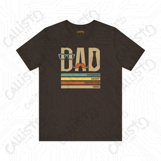 Men’s Graphic Shirt ’DAD: Husband Daddy Protector Hero’ with Mustache and Glasses Design Stylish Tee for Fathers