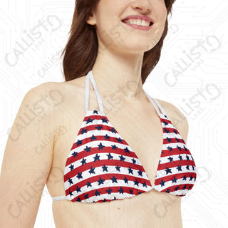 Women’s July 4th Strappy Bikini - American Flag Design with Stars and Stripes: Perfect Patriotic Swimwear for