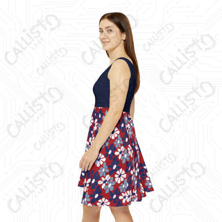 Women’s Patriotic Skater Dress - July 4th Independence Day USA Dress with Retro Floral Design - All Over Prints