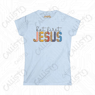 Women’s Softstyle Tee: ’But First Jesus’ Inspirational Shirt for Women - Christian Faith Apparel - Light Blue / S