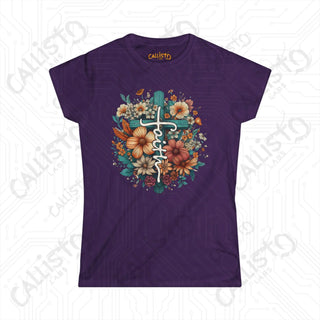 Empowering Women’s ’Faith’ Softstyle Tee with Floral Design and Cross - Inspirational Apparel for Her - Purple