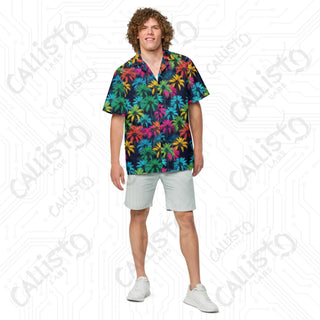 Men’s Black with Colorful Palm Tree Button Up Shirt - 2XS - Men’s Button Up