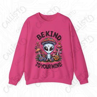 Be Kind to Your Mind Alien Hippie with Mushrooms Crewneck Sweatshirt - S / Heliconia