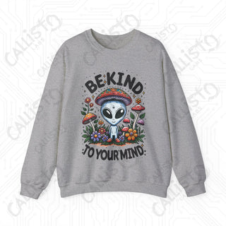 Be Kind to Your Mind Alien Hippie with Mushrooms Crewneck Sweatshirt - S / Sport Grey