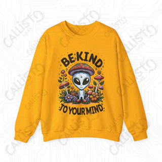 Be Kind to Your Mind Alien Hippie with Mushrooms Crewneck Sweatshirt - S / Gold