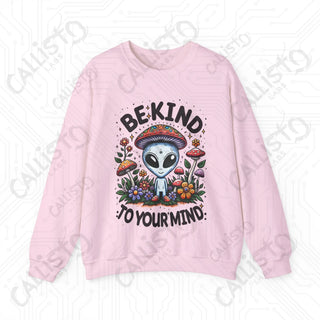 Be Kind to Your Mind Alien Hippie with Mushrooms Crewneck Sweatshirt - S / Light Pink