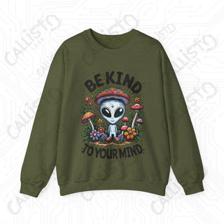 Be Kind to Your Mind Alien Hippie with Mushrooms Crewneck Sweatshirt - S / Military Green