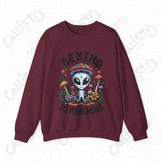 Be Kind to Your Mind Alien Hippie with Mushrooms Crewneck Sweatshirt - S / Maroon