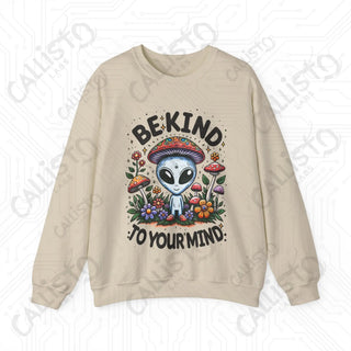 Be Kind to Your Mind Alien Hippie with Mushrooms Crewneck Sweatshirt - S / Sand