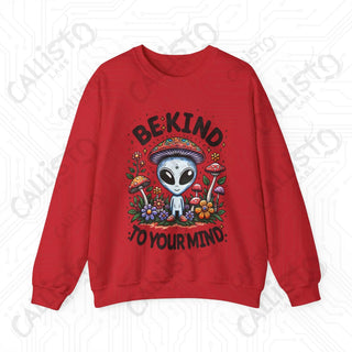 Be Kind to Your Mind Alien Hippie with Mushrooms Crewneck Sweatshirt - S / Red