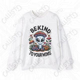 Be Kind to Your Mind Alien Hippie with Mushrooms Crewneck Sweatshirt - S / White