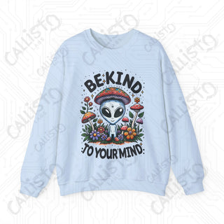 Be Kind to Your Mind Alien Hippie with Mushrooms Crewneck Sweatshirt - S / Light Blue