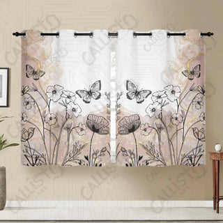 Boho Floral Black and Beige Window Curtains (2 PCS) 72x52 IN