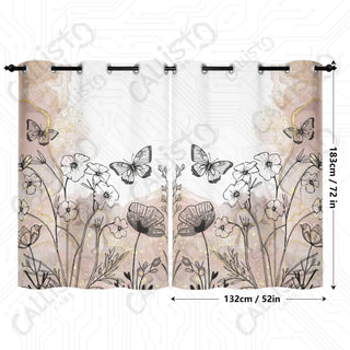 Boho Floral Black and Beige Window Curtains (2 PCS) 72x52 IN