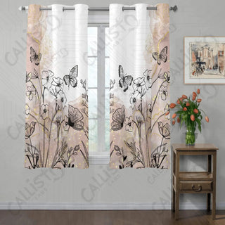 Boho Floral Black and Beige Window Curtains (2 PCS) 72x52 IN