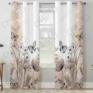 Boho Floral Black and Beige Window Curtains (2 PCS) 84x52 IN