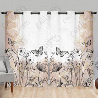 Boho Floral Black and Beige Window Curtains (2 PCS) 84x52 IN