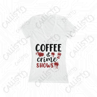 Coffee and Crime Shows Deep V-Neck Tee - Jersey Short Sleeve - S / White