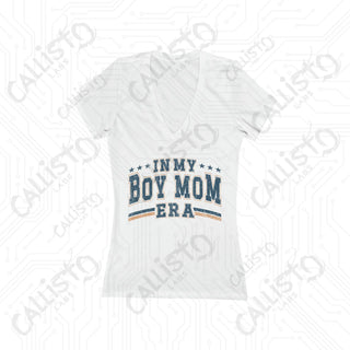 ’In My Boy Mom Era’ Deep V-Neck Tee - Jersey Short Sleeve - S / White