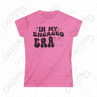 In My Engaged Era’ Women’s Bachelorette Softstyle Tee with pink shirt featuring ’i’m’s and black/white design