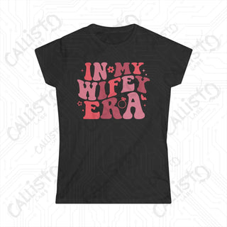 In My Wifey Era’ Women’s Softstyle Tee, black t shirt with pink and red words