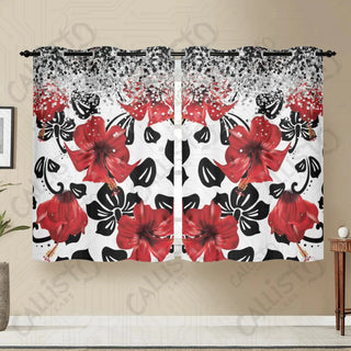 Red Hibiscus Floral Window Curtains (2 PCS) 72x52 IN