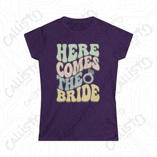 Retro Print ’Here Comes the Bride’ Matching Bridal Party Women’s Softstyle Tee - Purple / S