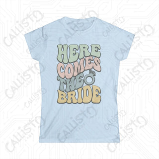 Retro Print ’Here Comes the Bride’ Matching Bridal Party Women’s Softstyle Tee - Light Blue / S