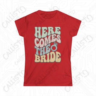 Retro Print ’Here Comes the Bride’ Matching Bridal Party Women’s Softstyle Tee - Red / S