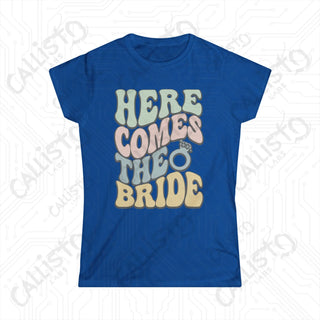 Retro Print ’Here Comes the Bride’ Matching Bridal Party Women’s Softstyle Tee - Royal / S