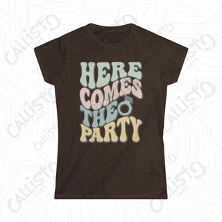 Retro Print ’Here Comes the Party’ Matching Bridal Party Women’s Softstyle Tee - Dark Chocolate / XL