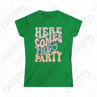 Retro Print ’Here Comes the Party’ Matching Bridal Party Women’s Softstyle Tee - Irish Green / S