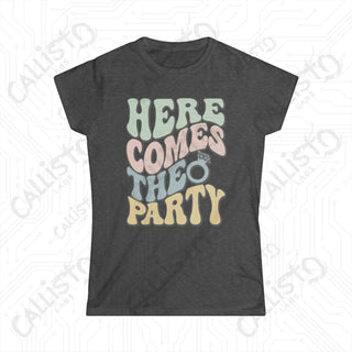 Retro Print ’Here Comes the Party’ Matching Bridal Party Women’s Softstyle Tee - Dark Heather / S