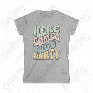 Retro Print ’Here Comes the Party’ Matching Bridal Party Women’s Softstyle Tee - Sport Grey / S