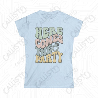 Retro Print ’Here Comes the Party’ Matching Bridal Party Women’s Softstyle Tee - Light Blue / S