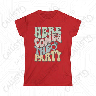 Retro Print ’Here Comes the Party’ Matching Bridal Party Women’s Softstyle Tee - Red / S