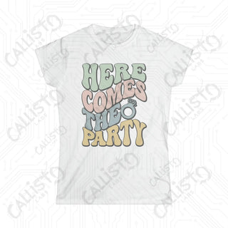 Retro Print ’Here Comes the Party’ Matching Bridal Party Women’s Softstyle Tee - White / S