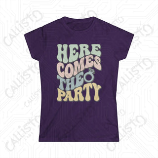 Retro Print ’Here Comes the Party’ Matching Bridal Party Women’s Softstyle Tee - Purple / S