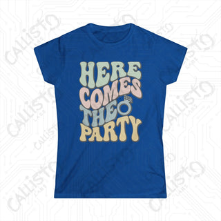 Retro Print ’Here Comes the Party’ Matching Bridal Party Women’s Softstyle Tee - Royal / S