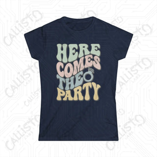 Retro Print ’Here Comes the Party’ Matching Bridal Party Women’s Softstyle Tee - Navy / S